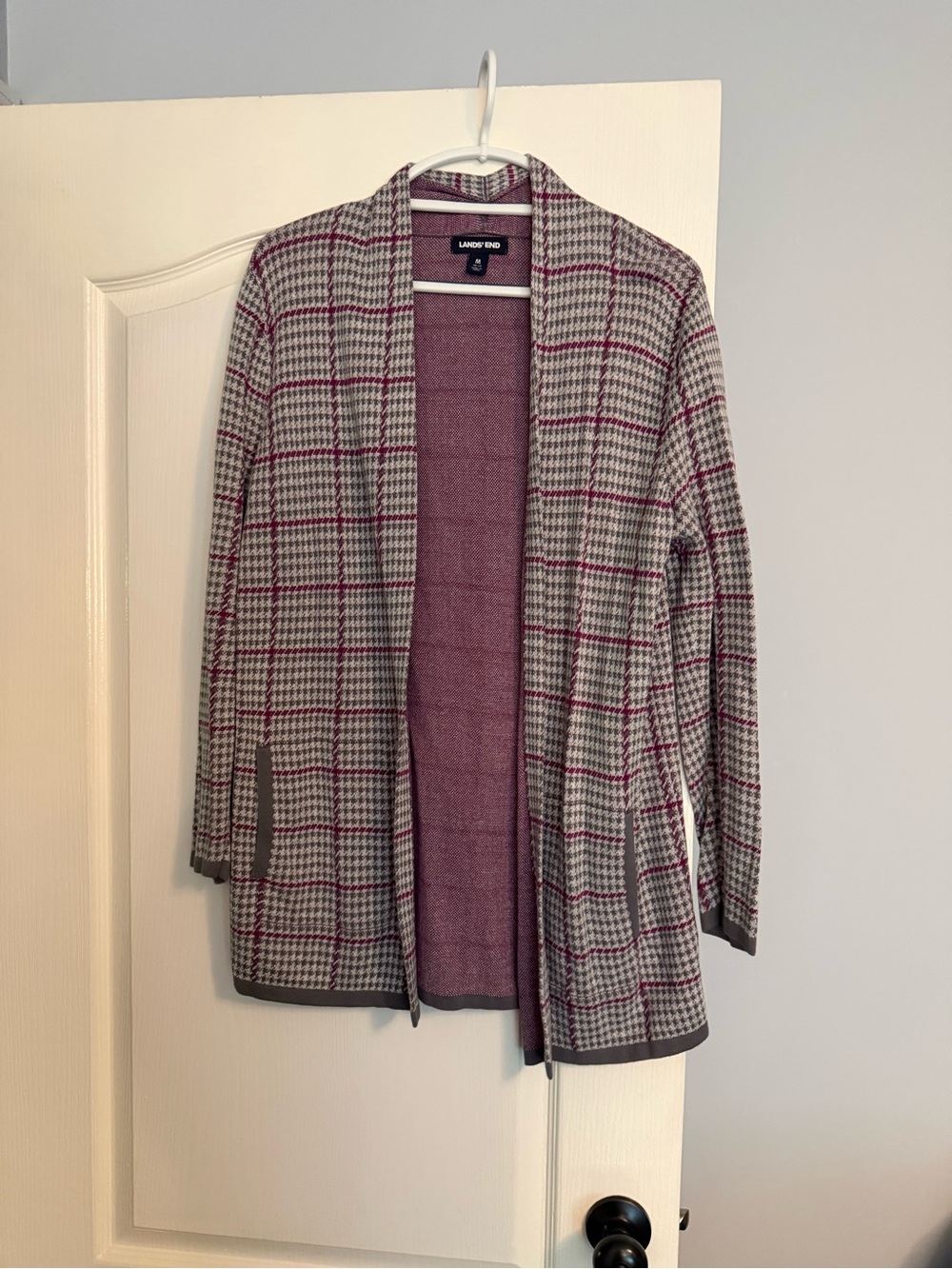 Lands' End Gray Plaid Open-Front Cardigan with Plum Accents